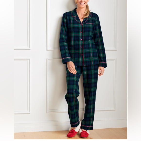 Talbots Size M Cotton Flannel Sleep Set Pjs Pajamas Tarten Blue Green Plaid - Picture 2 of 9